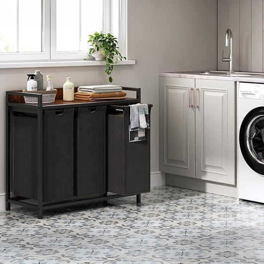 Laundry Hamper with Shelf, Laundry Basket 3 Section, Laundry Sorter with Pull-Out Removable Large Bags and Movable Wheels, Metal Frame, 3 x 15.87 Gallons (60L), Rustic Brown + Black PF04XLY