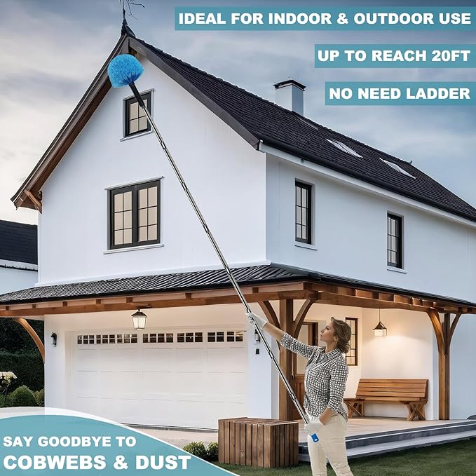12 Ft Duster, Cobweb Duster with Extension Pole, Medium Stiff Bristles Cobweb Duster Head & 12-Feet Stainless Steel Pole Ceiling Fan Duster with Universal Joint for Outdoor Indoor Cleaning