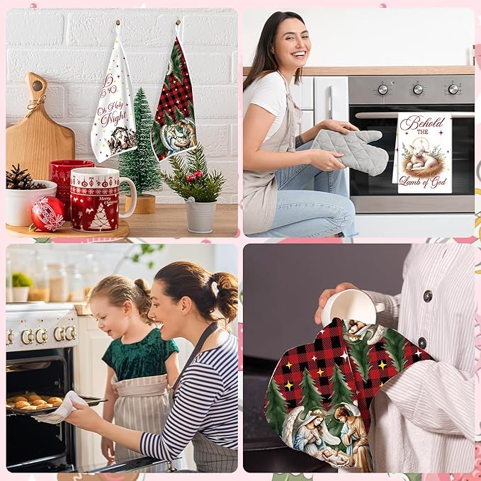 Christmas Kitchen Towels, 6PCS Nativity Religious Hand Tea Towels Set Xmas Housewarming Gifts, Jesus is The Reason for The Season Kitchen Dish Clothes Bathroom Holiday Decor Supplies