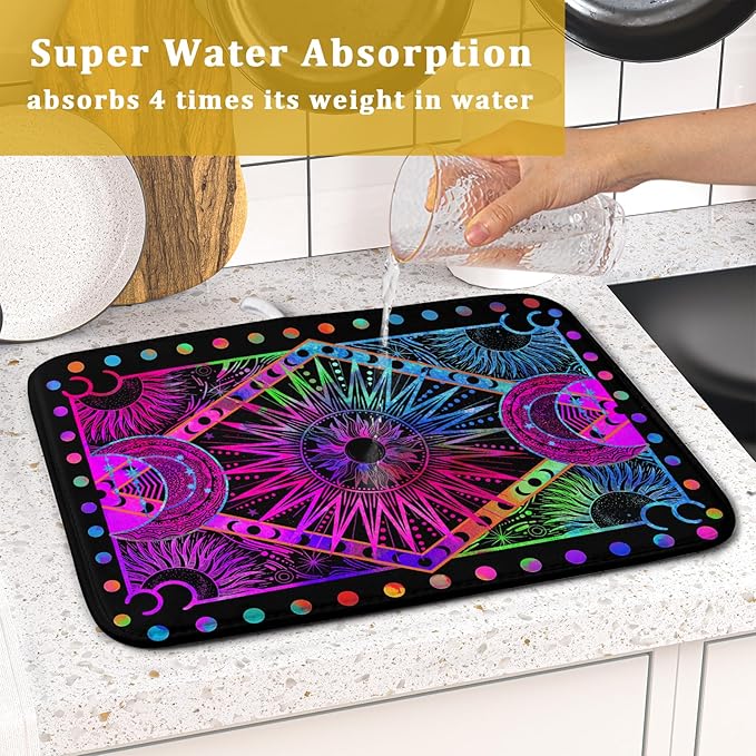 Purple Absorbent Dish Drying Mat Sun and Moon Microfiber Drying Pad for Kitchen Counter Decor Small