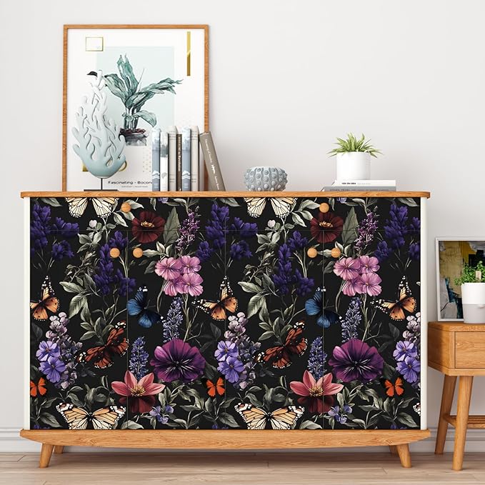 Vintage Floarl Butterfly Wallpaper Peelable, Dark Black Flower Design Self Adhesive Removable Wall Paper for Bedroom Cabinet Kitchen, Vinyl Gothic Contact Paper 17.5In x 118In Dark Colorful