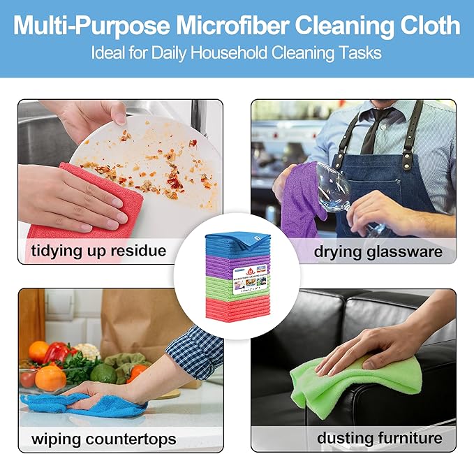 HOMERHYME Microfiber Cleaning Cloth, 24 Pack Cleaning Rags,12" X 11" Lint Free Dish Towels Wash Cloths, Reusable Microfiber Towels for Home and Kitchen Bathroom Apartment Cleaning Supplies, Assorted