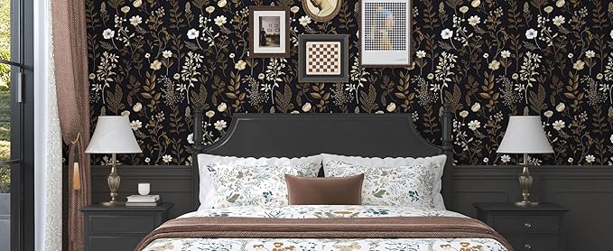 Vintage Adhesive Shelf Liner Contact Paper, 17.5" x 78" Black Floral Theme Wallpaper Boho Design for DIY Craft, Vinyl Removable Wallpaper for Dresser Dollhouse Cabinet Drawer in Dark Brown