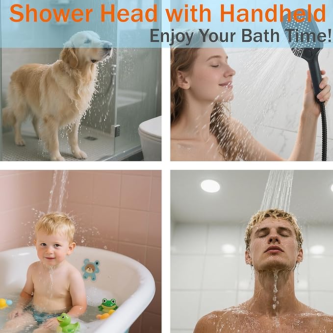 High Pressure 4-Mode Shower Head with Handheld, Detachable Showerhead Combo with 59" Hose & No-drill Holder, Anti-clog Nozzles for Hard Water, Powerful Spray for Pets & Daily Use, Matte Black