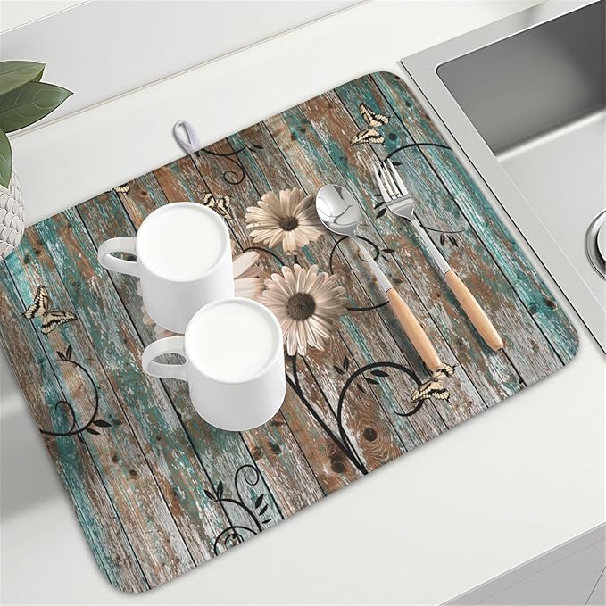 Spring Daisy Dish Drying Mat for Kitchen Counter 18 x 24 Inch Vintage Farmhouse Dish Drainer Mat Absorbent Microfiber Shabby Chic Flowers Dish Rack Pad for Coffee Dining Bar Decor