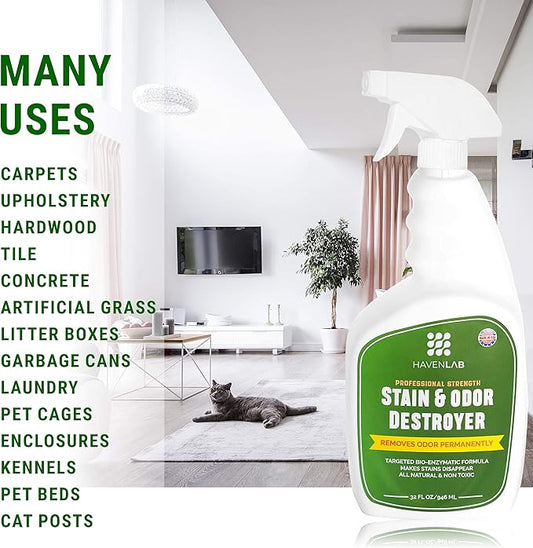 Stain & Odor Destroyer-Dog & Cat Enzymatic Pee Eliminator-Carpet, Rug, Floor, Furniture-Smell Remover for Pet Urine, Feces, Vomit and Organic Spills-Concentrated Formula-32 Oz!!