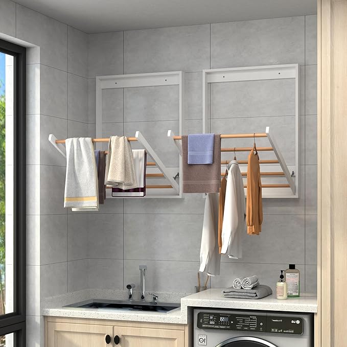Wall Mounted Clothes Drying Rack for Laundry, Foldable Wooden Clothing Dryer Racks Indoor Use