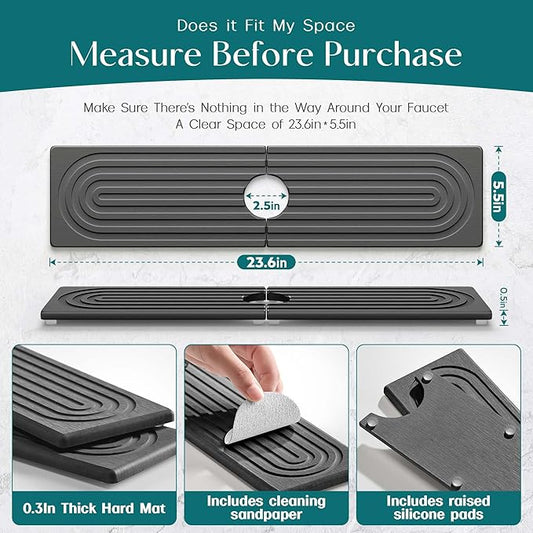 Large Faucet Mat for Kitchen Sink - Stone Drying Mat for Kitchen Counter, Diatomite Fast Drying Stone Sink Tray, Super Absorbent, Stylish Decor and Protector for Bathroom (Dark Grey, 23.6" x 5.5")