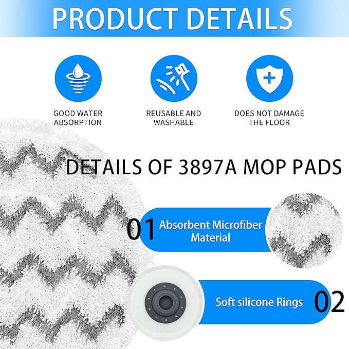 3897A / 3712 Rotating Steam Mop Pads Replacement for Bissell SpinWave Smart Steam Scrubbing Steam Mop Cleaner 【Models 3897A/3712 ONLY】, Washable Reuseable Refill Pads(6Pack) (2Gray 4Blue)