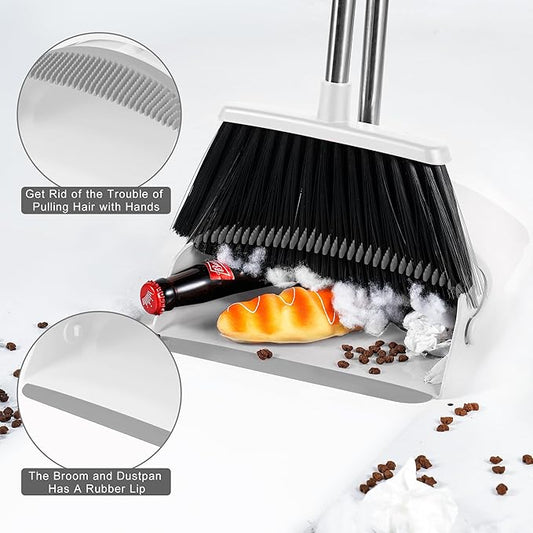 Broom Dustpan Set, Broom with Dustpan Combo Set with Adjustable Handle Broom Suitable for Home Office Kitchen Lobby Dust Pan Teeth to Automatically Clean Hair