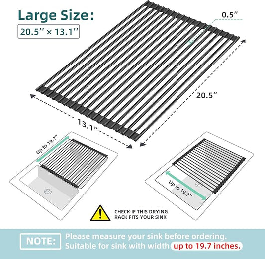 Ohuhu Over The Sink Dish Drying Rack, 20.5" W x 13.1" L Rolling Dish Drainer Foldable Sink Accessories Heat-Resistant Mat Anti-Slip Silicone Coated Dish Racks for Kitchen Counter