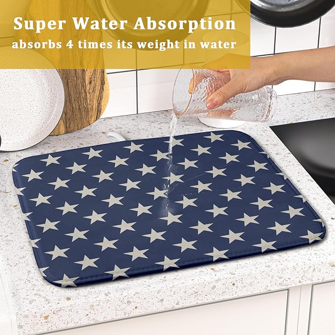 Patriotic July of 4th Blue Star Dish Drying Mat for Kitchen Counter 16x18 Memorial Independence Day Absorbent Reversible Microfiber Drying Mats Kitchen Countertop Protector Dishes Drainer Pad