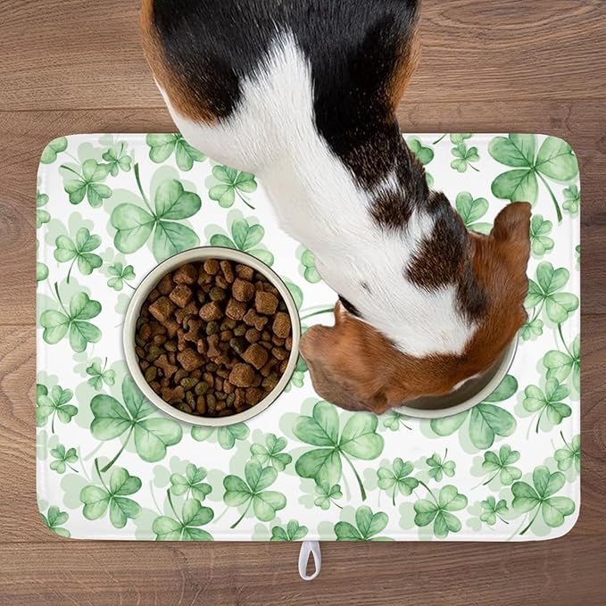 St Patrick's Day Dish Drying Mat for Kitchen Counter,Green Lucky Charm Shamrocks Drying Mat 18 x 24 Inch with High Absorbent Microfiber Drainer Mat for Coffee Bar