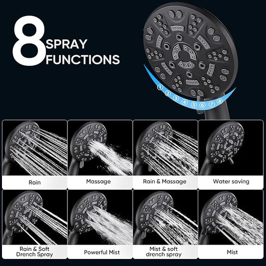 Cobbe 8-Setting Handheld Shower Head with High Pressure Shower Heads - Bathroom Showerhead Set - Detachable Showerhead with 5ft Stainless Steel Hose and Brass Swivel Bracket (Matte Black)