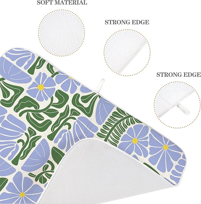 Boho Floral Drying Mat 18x24 Inches For Kitchen Counter Absorbent Spring Summer Abstract Blue Green Flower Kitchen Drying Mat Pad For Home Kitchen,Dining Room,Office Decoration