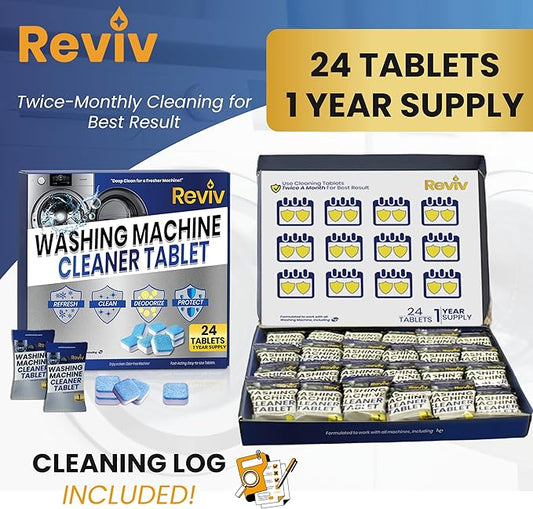 REVIV Washing Machine Cleaner Tablets – HE Compatible Descaler, 24 Count (12-Month Supply) – Septic-Safe for Front & Top Load Washers