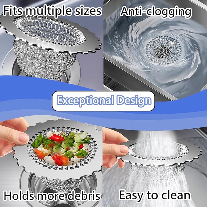 Kitchen Sink Drain Strainer, Patented 304 Stainless Steel Reversible Mesh Strainer with Flexible Chain, Handcrafted Anti-Clog Garbage Disposal Tool, Easy to Clean - 2 Pack