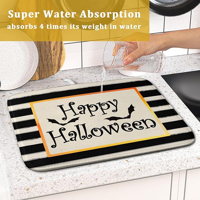 Happy Halloween Bats Dish Drying Mat for Kitchen Counter,Black and White Stripe Drying Mat 16 x 18 Inch with High Absorbent Microfiber Dish Drying Pad Dish Rack Pad Drainer Mat for Coffee Bar