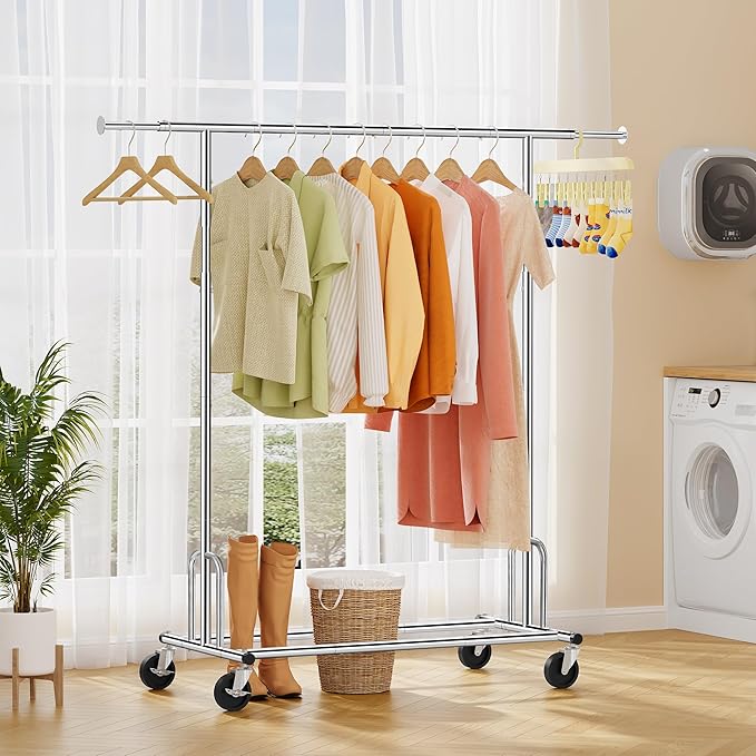 Tajsoon Heavy Duty Clothes Rack Foldable Garment Rack with Wheels and Extendable Rod, Freestanding Clothing Rack for Hanging Clothes, Adjustable & Collapsible Rolling Racks with Bottom Shelf, Chrome