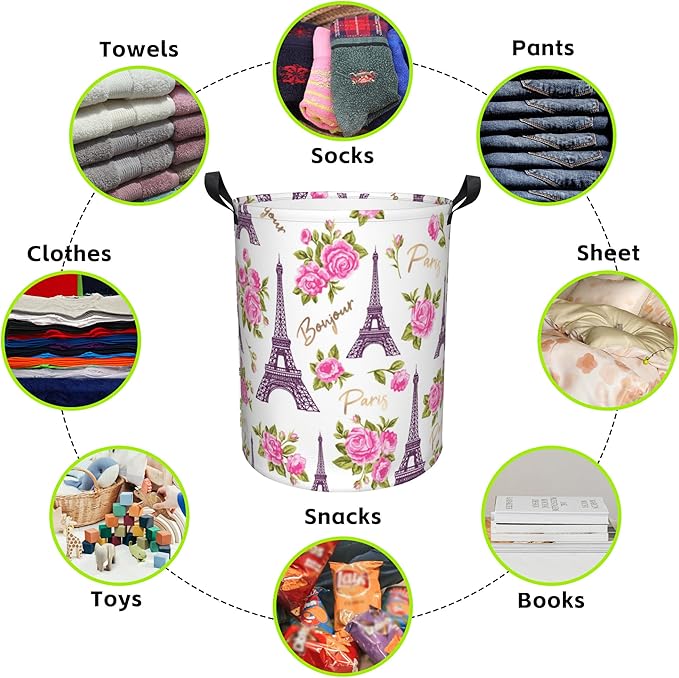 Laundry Basket Romantic Vintage Eiffel Tower Laundry Hamper Large Laundry Basket Storage Basket Tote Bag Collapsible Organizer Basket for Bathroom,Laundry,Bedroom 17.3 x16.5 Inch