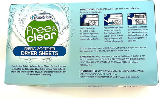 Homebright Free & Clear Fabric Softener Dryer Sheets, Perfume Free, Dye Free, Controls Static Cling, 40 Sheets