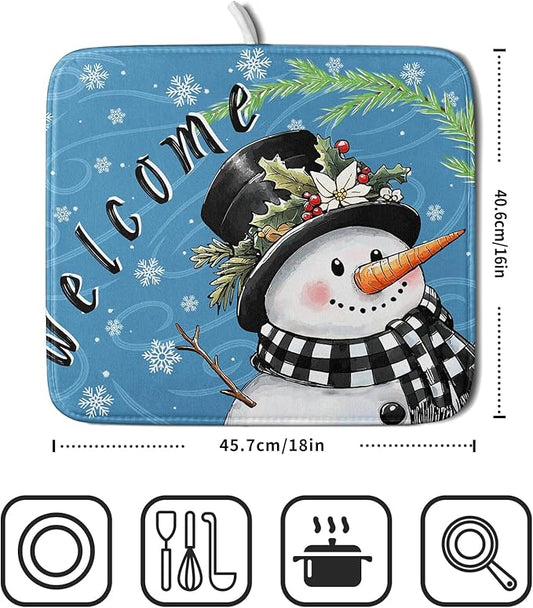 Christmas Snowman Dish Drying Mat for Kitchen Counter 16x18 Blue White Snowflake Welcome Winter Holiday Absorbent Reversible Microfiber Drying Mats Kitchen Countertop Protector Dishes Drainer Rack Pad