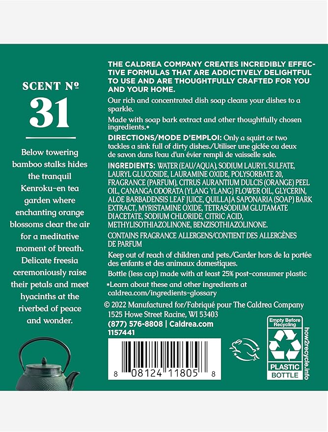 Caldrea Dish Soap, Dishwashing Liquid Made with Soap Bark, Aloe Vera, Orange Peel and Ylang Ylang Flower Essential Oils, Orange Blossom Bamboo Scent, 16 oz