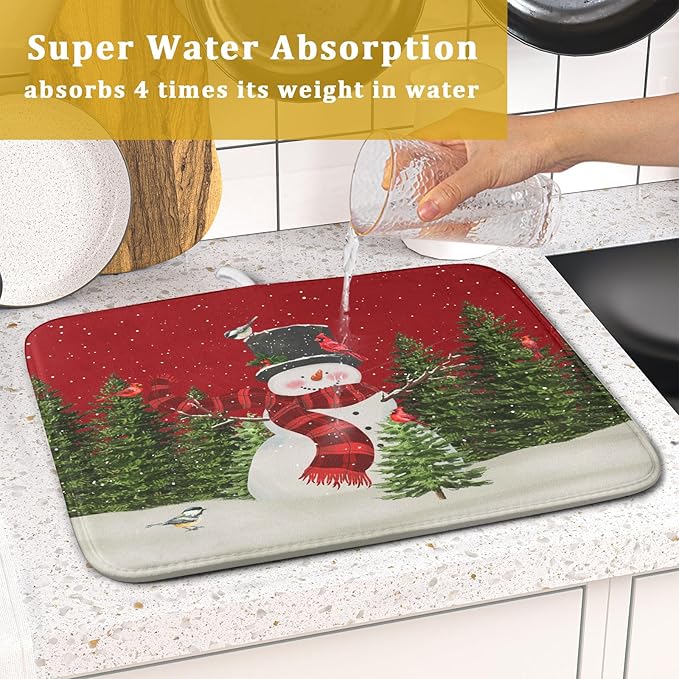 Christmas Dish Drying Mat for Kitchen Counter Red Xmas Snowman Trees Birds Drying Mat 16x18 Inch Winter Holiday Absorbent Dish Drainer Mat Christmas Kitchen Accessories