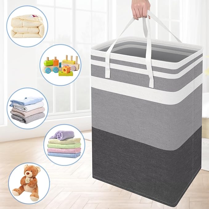 BlissTotes 3-Pack Laundry Basket, Freestanding&Waterproof Laundry Hamper, Collapsible Tall Clothes Hamper with Easy Carry Handles for Clothes, Towels in the Family and Dorm,Gradient Grey,75L