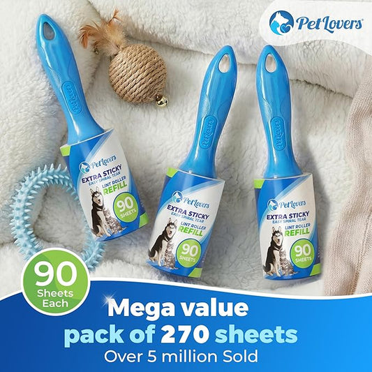 PetLovers Extra Sticky Lint Roller Value Set 270 Sheets for Pet Hair Removal and Clothes, Dog and Cat Lint Remover, 3 Pack
