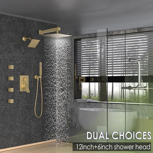 Enga Dual Shower Head System with Body Jets, 12"+ 6" Wall Mounted Dual Rain Shower Faucet with Valve Kit, Brushed Gold
