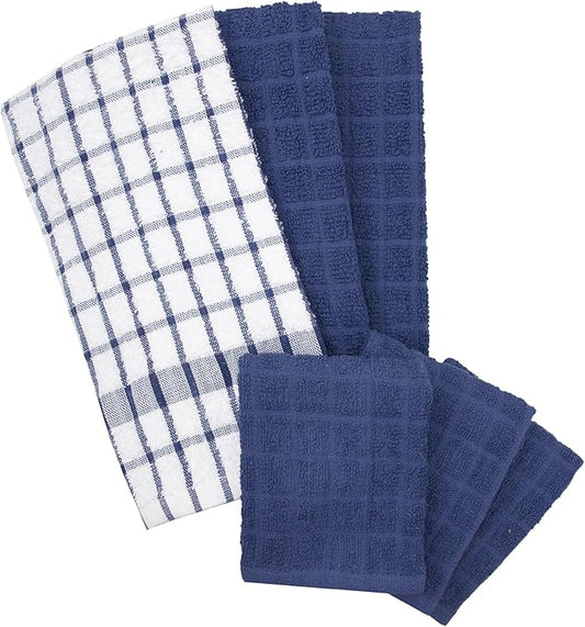 Ritz Premium Kitchen Towel and Dish Cloth Value Set: Highly Absorbent, Super Soft, Long-Lasting, 100% Cotton Checked and Solid Hand Towels, Tea Towels, Bar Towels - 6 Pack, Navy