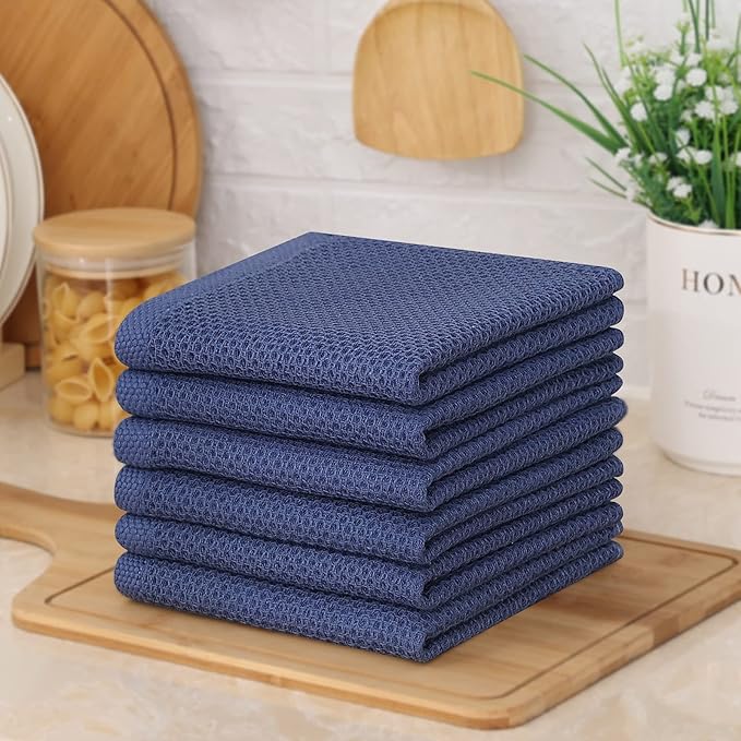 Kitinjoy 100% Cotton Kitchen Dish Cloths (12 X 12 Inches, Navy Blue), 8 Pack Waffle Weave Ultra Soft Absorbent Dish Towels for Drying Dishes Quick Drying Kitchen Towels Dish Rags