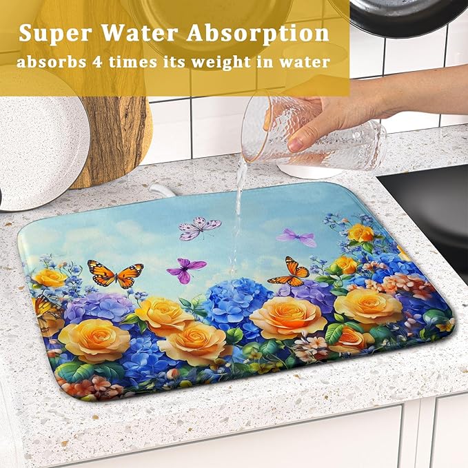 Spring Blue Yellow Hydrangeas Flowers Dish Drying Mat for Kitchen Counter,Colorful Butterflies Flying Drying Mat 16 x 18 Inch with High Absorbent Microfiber Drainer Mat for Coffee Bar