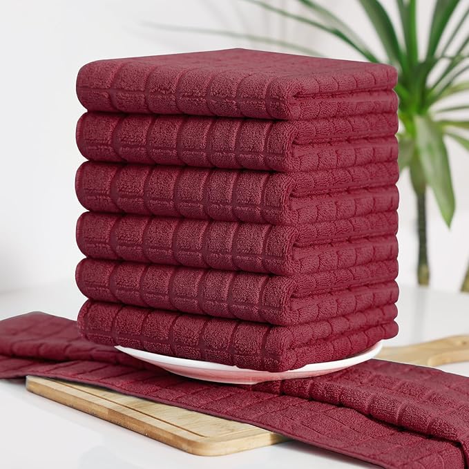 Homaxy Premium Cotton Kitchen Towels 16"x 28", Large Natural Ring Spun 390 GSM Dish Towels, Super Absorbent Terry Kitchen Hand Towels, Soft Tea Towels with Hanging Loop, Pure Red Design, 8 Pack