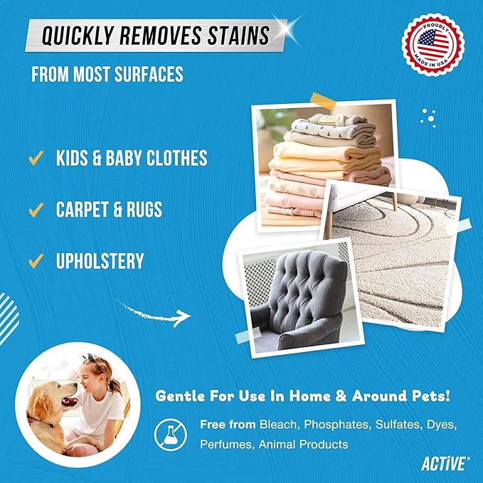 ACTIVE Automatic Toilet Bowl Cleaner Tablets and Messy Kids Stain Remover - Includes 12ct Toilet Cleaning Tablets and 12oz Messy Kids Stain Removal Spray