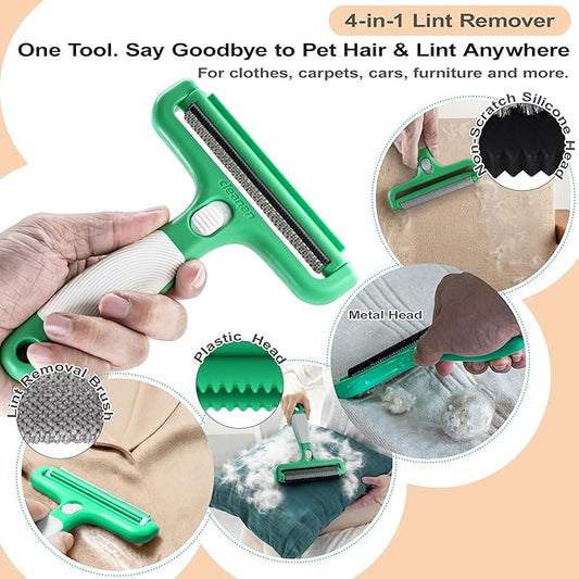4-in-1 Pet Hair Remover & Lint Tool, Reusable Carpet Cleaner for Dog & Cat Fur - Safe for Couch, Clothes, Rugs & Car Mats - Portable Detailer with 4 Modes for Deep Cleaning & Delicate Fabrics