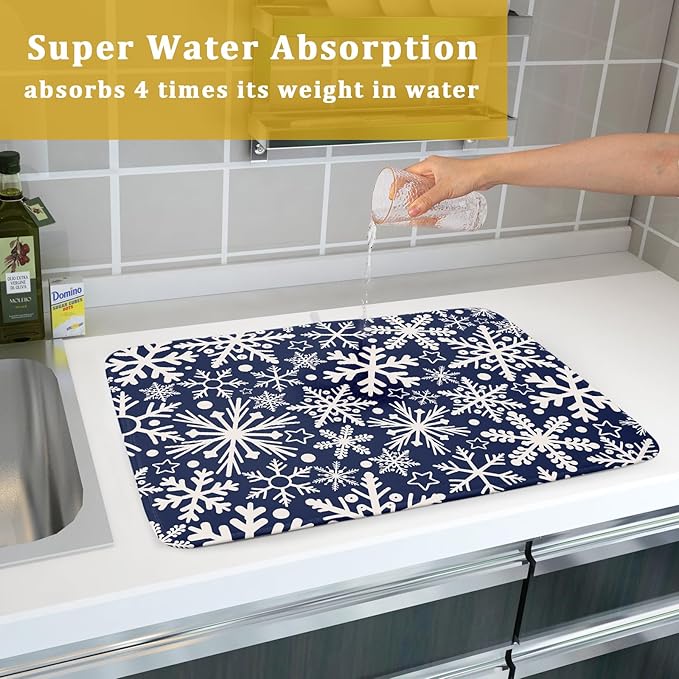 Dark Blue Winter Dish Drying Mat for Kitchen Counter 18x24 Cream Snowflake Holiday Theme Seasonal Absorbent Reversible Microfiber Drying Mats Kitchen Countertop Protector Dishes Drainer Pad