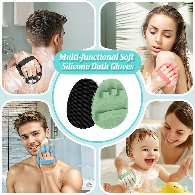 New Silicone Shower Scrubber with Straps, 360° Anti-Slip & Enlarged Body Scrubber for Rich Foaming Deep Cleaning, Revolutionary No-Grip & Hand-fit Bath Glove for All Skin Types(Black+Green)