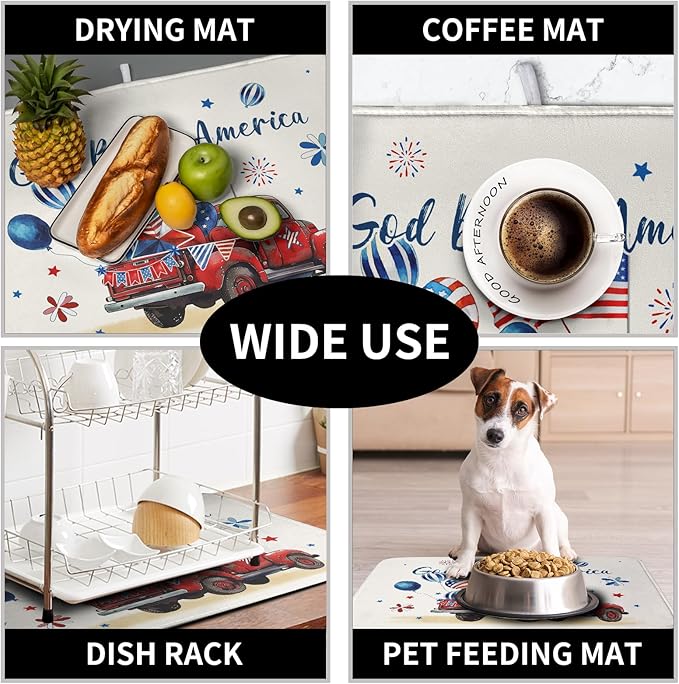 4th of July Drying Mat for Kitchen Counter 18 x 24 Inch US Independence Day Patriotic Truck Dish Drying Mat Polyester American Flag Dish Drainer Mat Super Absorbent Dish Rack Pad for Coffee Bar Sinks