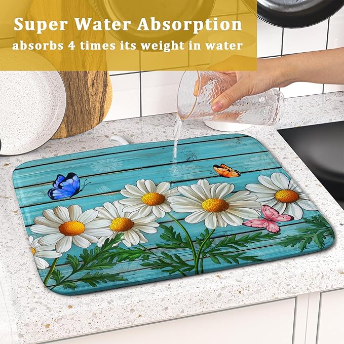 Spring Daisy Floral Dish Drying Mat for Kitchen Counter 16x18in Turquoise Daisy Old Wooden Board Kitchen Mat Absorbent Reversible Microfiber Dishes Pad Fast Drying Dish Drainer Mats for Countertop