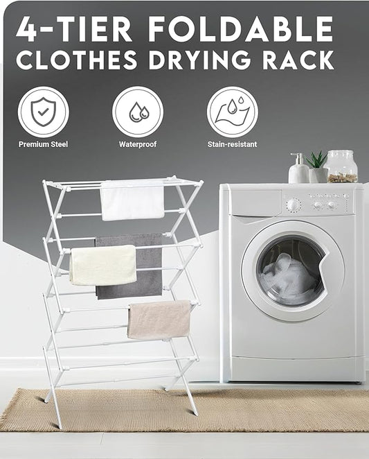 4-Tier Clothes Drying Rack, 4ft High Foldable Drying Rack Clothing for Indoor & Outdoor, Portable Collapsible Laundry Dryer for Laundry Room and Apartment, White 29" L x 49" H x 11.5" W