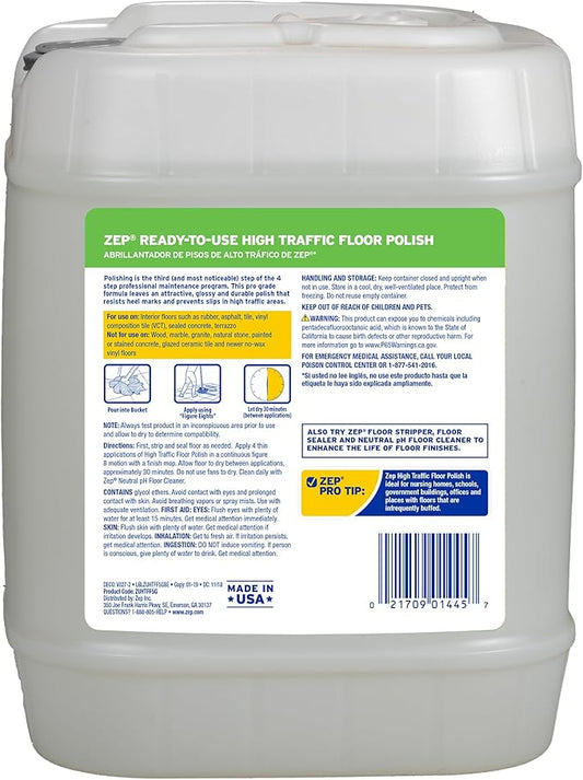 Zep High Traffic Floor Polish - 5 Gal (1 Pail) ZUHTFF5G - Scuff and Slip Resistant Durable Floor Finishing Polish for Vinyl (VCT), Sealed Concrete, Rubber, Tile, and Terrazzo Floors