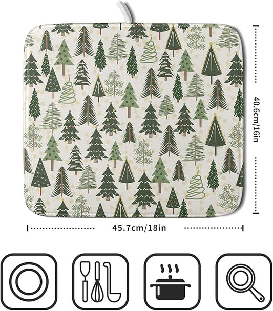 Christmas Dish Drying Mat for Kitchen Counter 16x18 Green Xmas Tree Block Print Winter Holiday Theme Absorbent Reversible Microfiber Drying Mats Kitchen Countertop Protector Dishes Drainer Pad