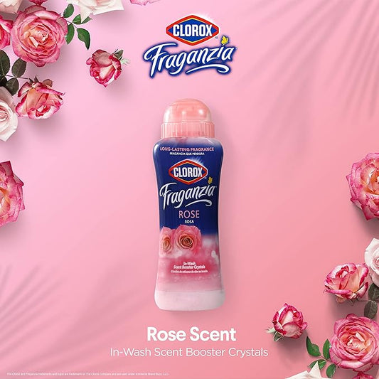Clorox Fraganzia Laundry Scent Booster Crystals, In-Wash Fragrance Beads for Fresh-Smelling Clothes & Linens, Safe for All Fabrics & Colors, Easy-Pour Bottle, Rose Scent, 18 Oz, 2 Pack