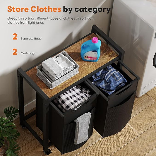Laundry Sorter 2 Section, 2 × 13.1Gal (99L) Rolling Laundry Basket with Pull-Out Removable Bags & Movable Wheels,Clothes Separator Hamper Cart for Laundry Room, Bathroom and Bedroom Organizer