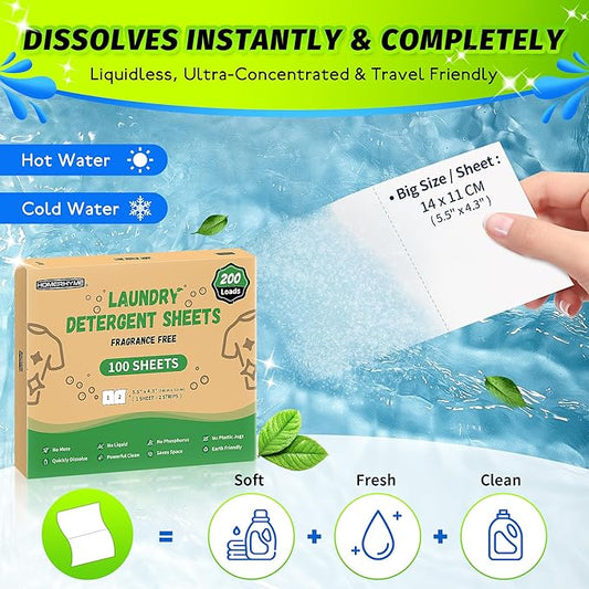 HOMERHYME Laundry Detergent Sheets - 200 Loads Unscented Travel Laundry Detergent, Eco Friendly & Hypoallergenic Cloth Washing Detergent Soap Sheets, Suitable for Sensitive Skin