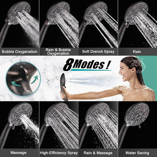 Cobbe 8-Setting Handheld Shower Head with High Pressure Shower Heads - Bathroom Showerhead Set - Detachable Showerhead with 5ft Stainless Steel Hose and Brass Swivel Bracket (ORB)