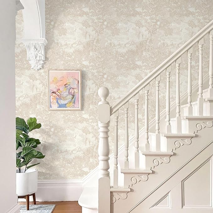 Ismoon Vintage Wallpaper Peel and Stick Beige Neutral Wallpaper 17.3in x6.56ft Forest Animals Contact Paper for Bedroom Thicken Waterproof Self-Adhesive Wall Paper Removable Renter Friendly Vinyl