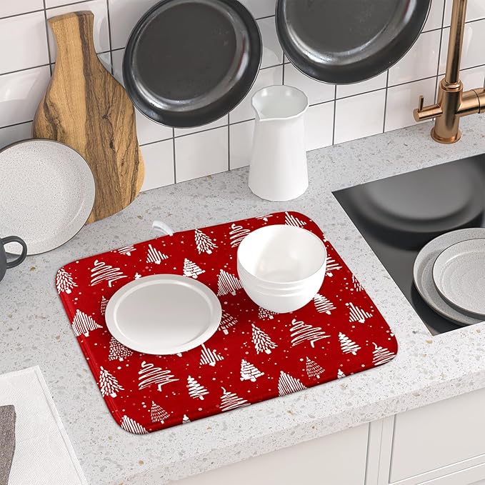 Christmas Dish Drying Mat 16 x 18 Inch With Absorbent Reversible Microfiber Red Xmas Tree Snowflake Drying Mats Winter Holiday Dish Drainer Mat Fast Dry For Kitchen Dining Room Decoration